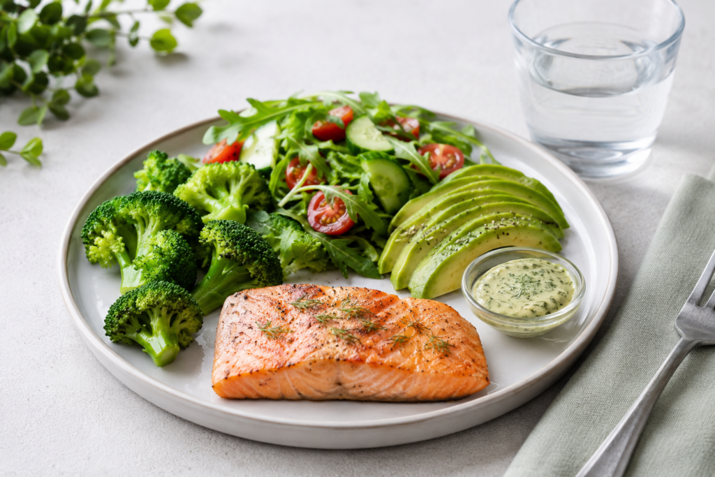 Einfaches Keto-Abendessen für Anfänger mit Lachs Brokkoli Avocado und Salat